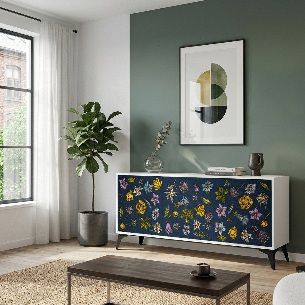 FLOWERS ON NAVY BLUE Komoda 3-drzwiowa korpus Biały