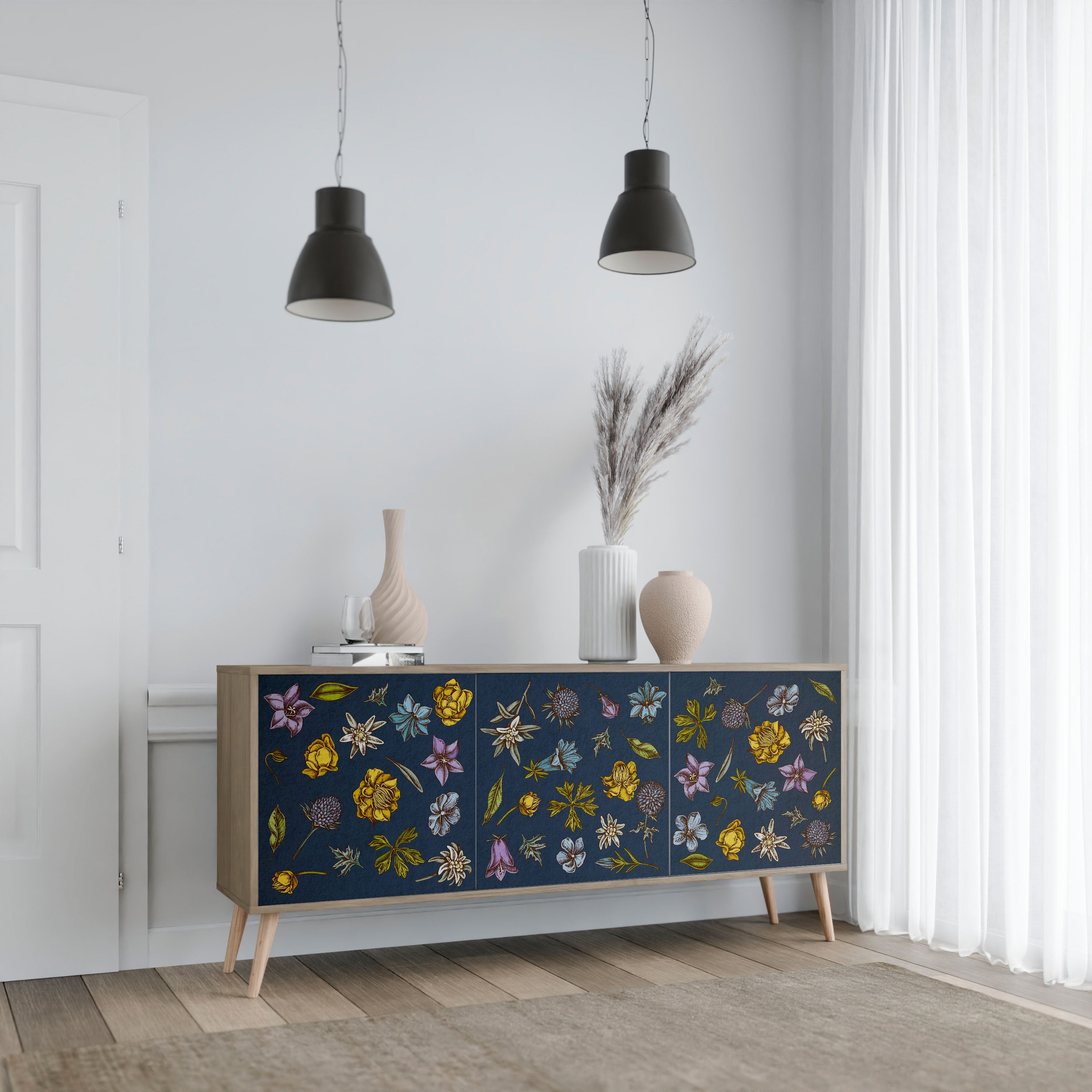 FLOWERS ON NAVY BLUE Komoda 3-drzwiowa