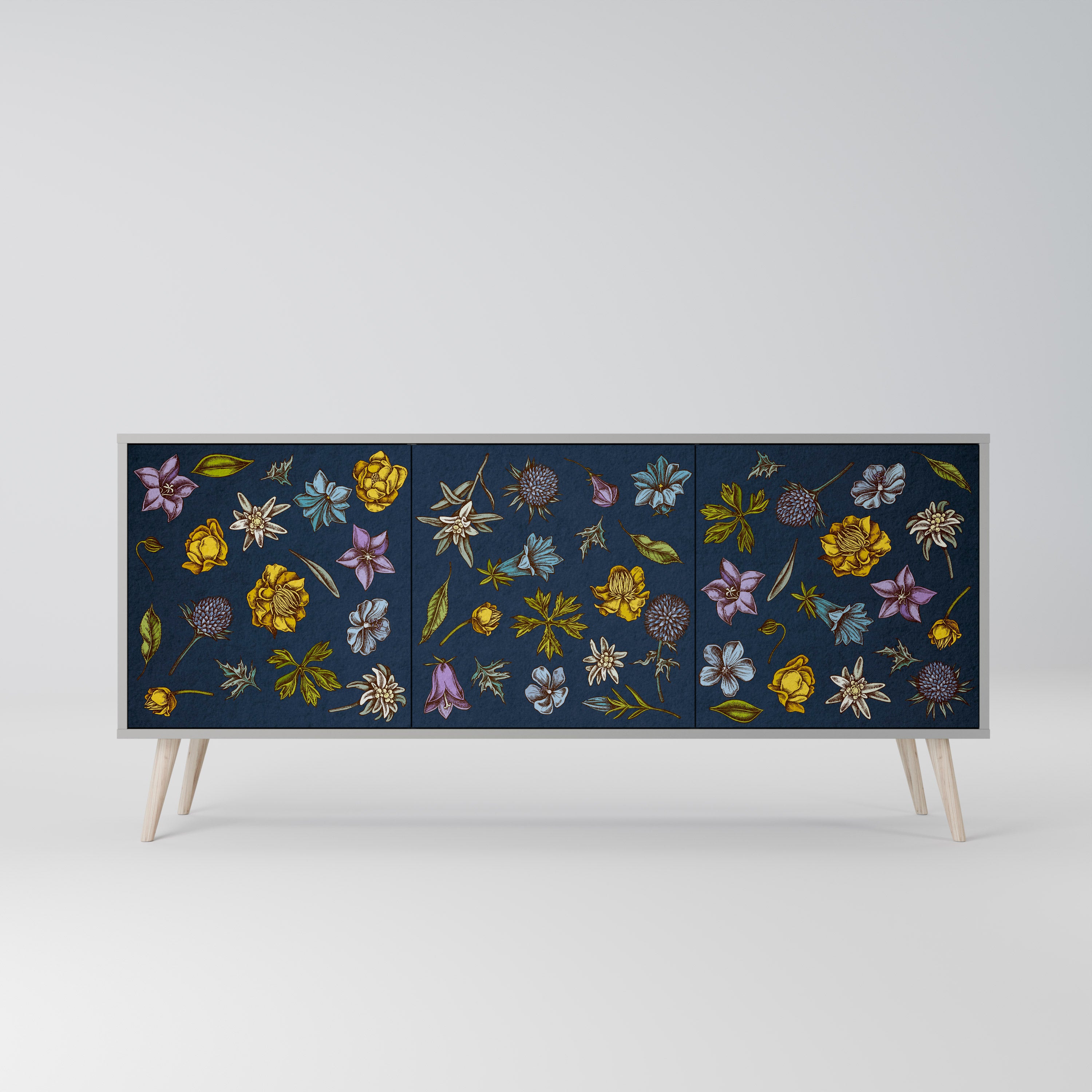 FLOWERS ON NAVY BLUE Komoda 3-drzwiowa korpus Szary