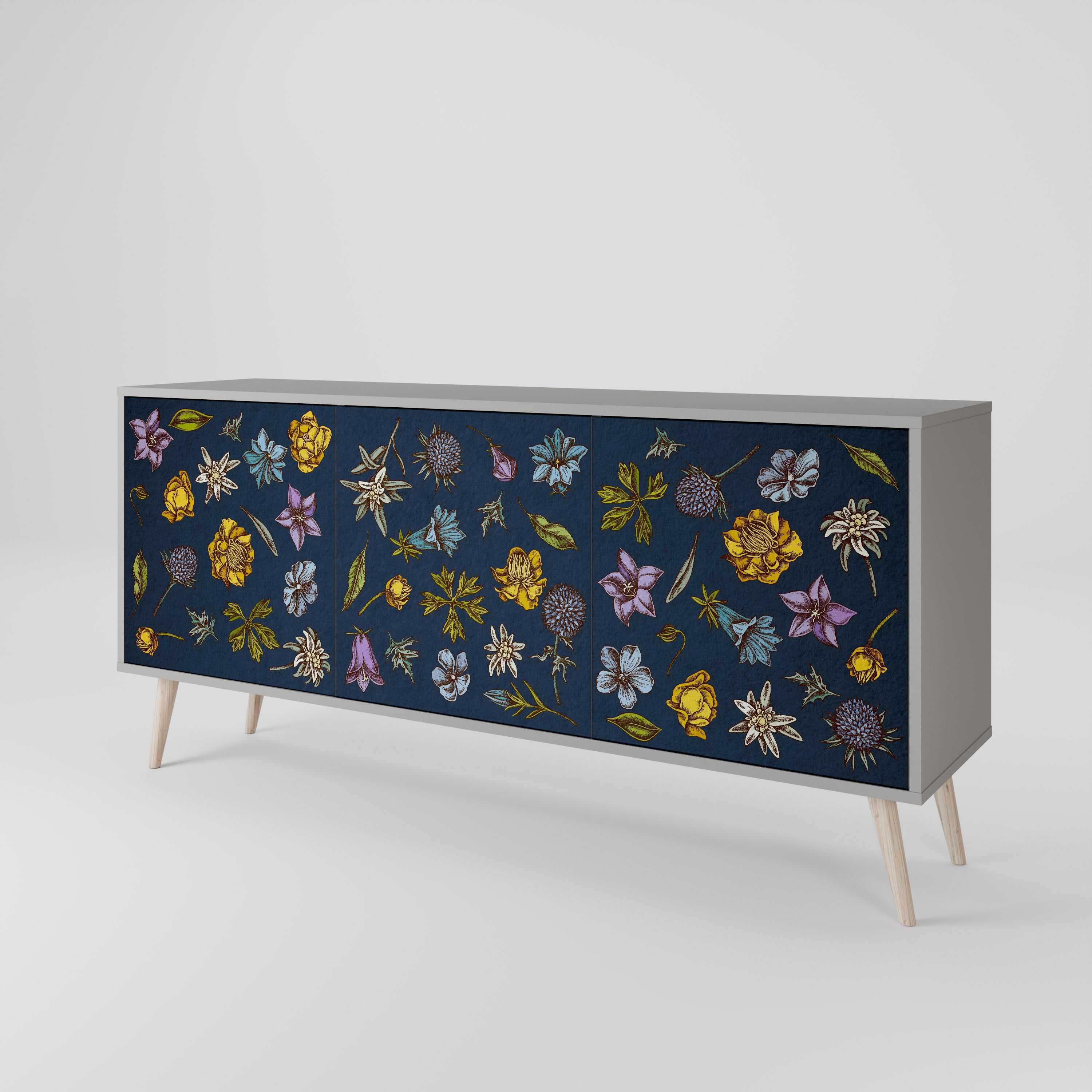 FLOWERS ON NAVY BLUE Komoda 3-drzwiowa korpus Szary