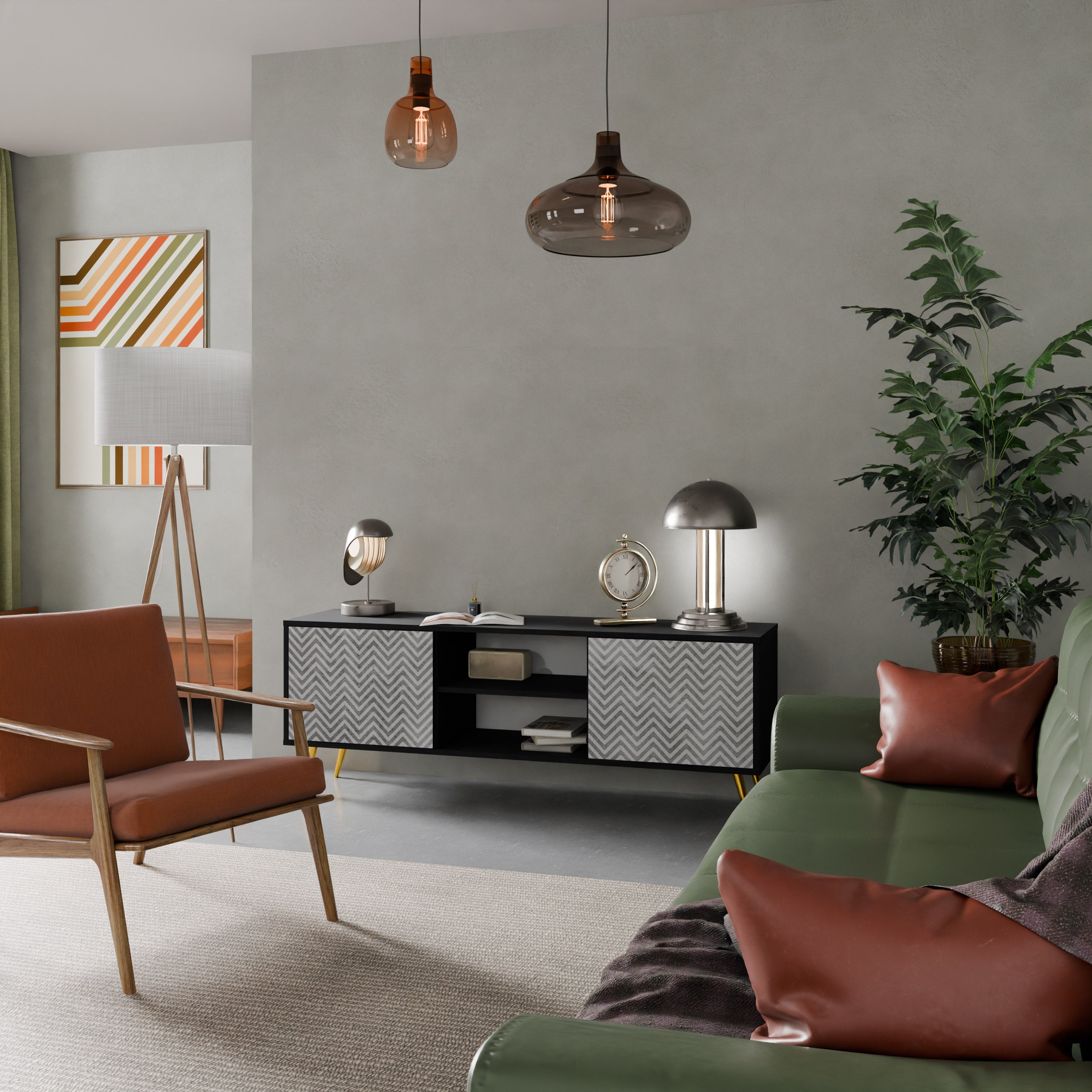 CONCRETE ZIG ZAG Szafka RTV 2-drzwiowa korpus Czarny