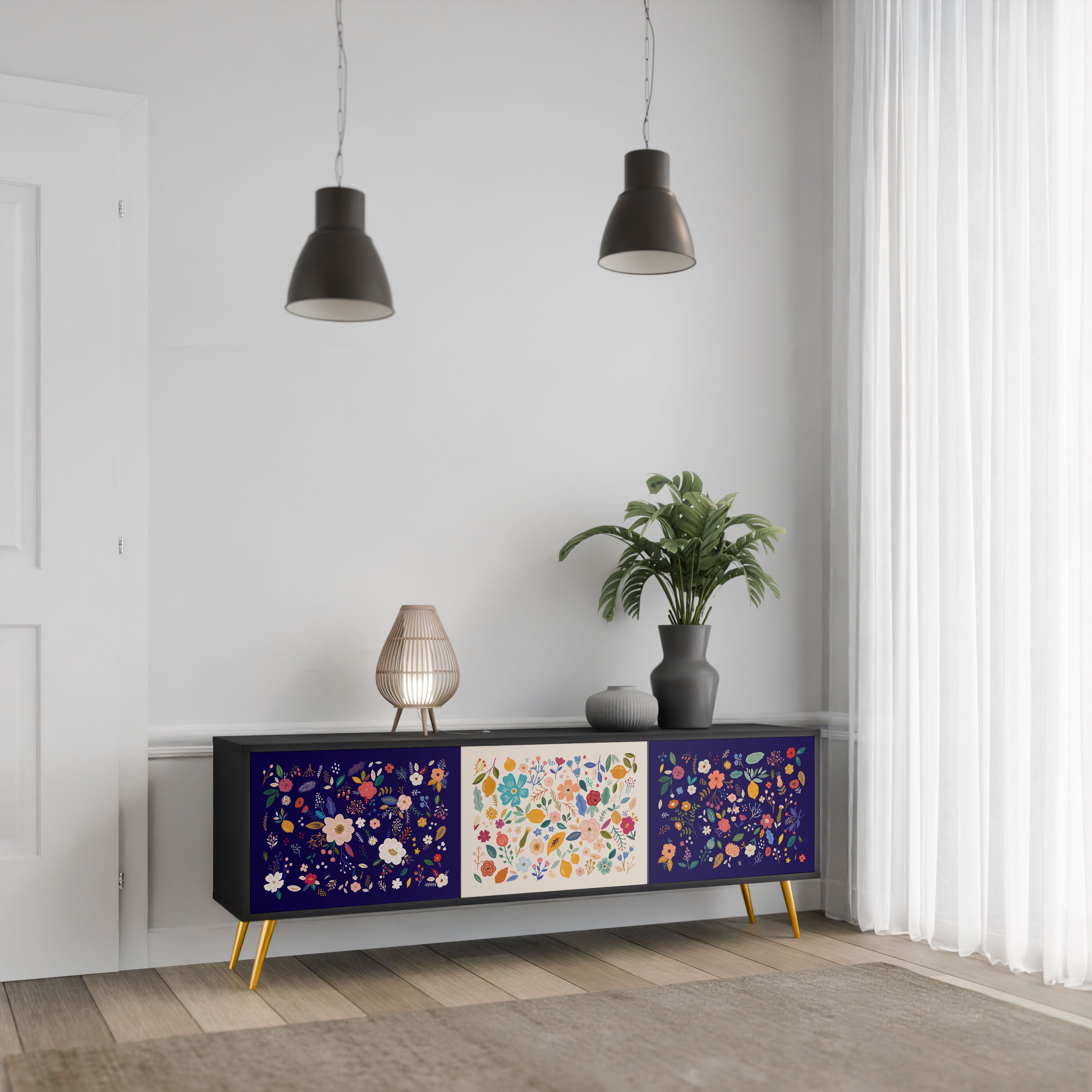 FLORAL COMBINATION Szafka RTV 3-drzwiowa korpus Czarny