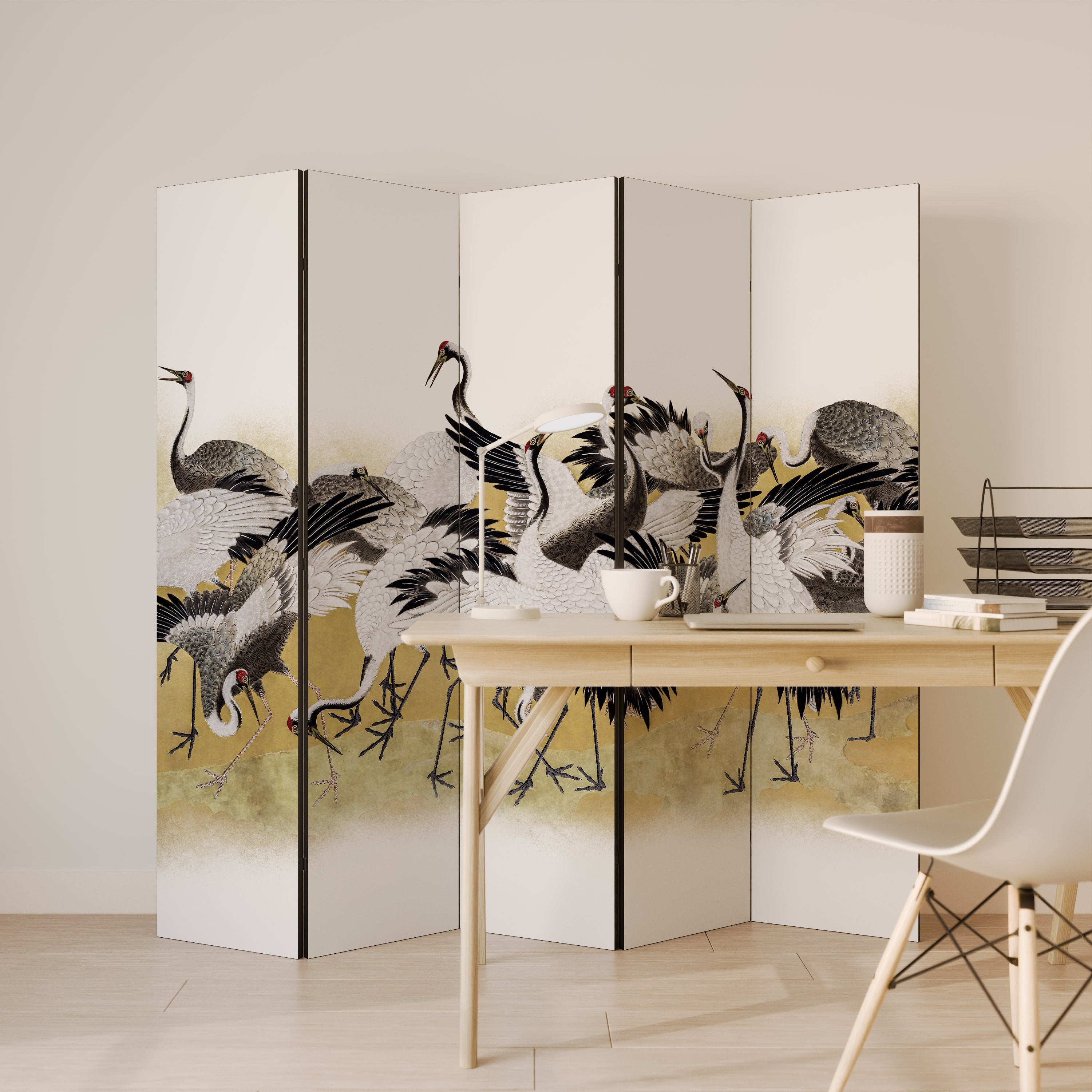 JAPANESE FLOCK OF CRANES Dekoracyjny parawan 5-skrzydłowy