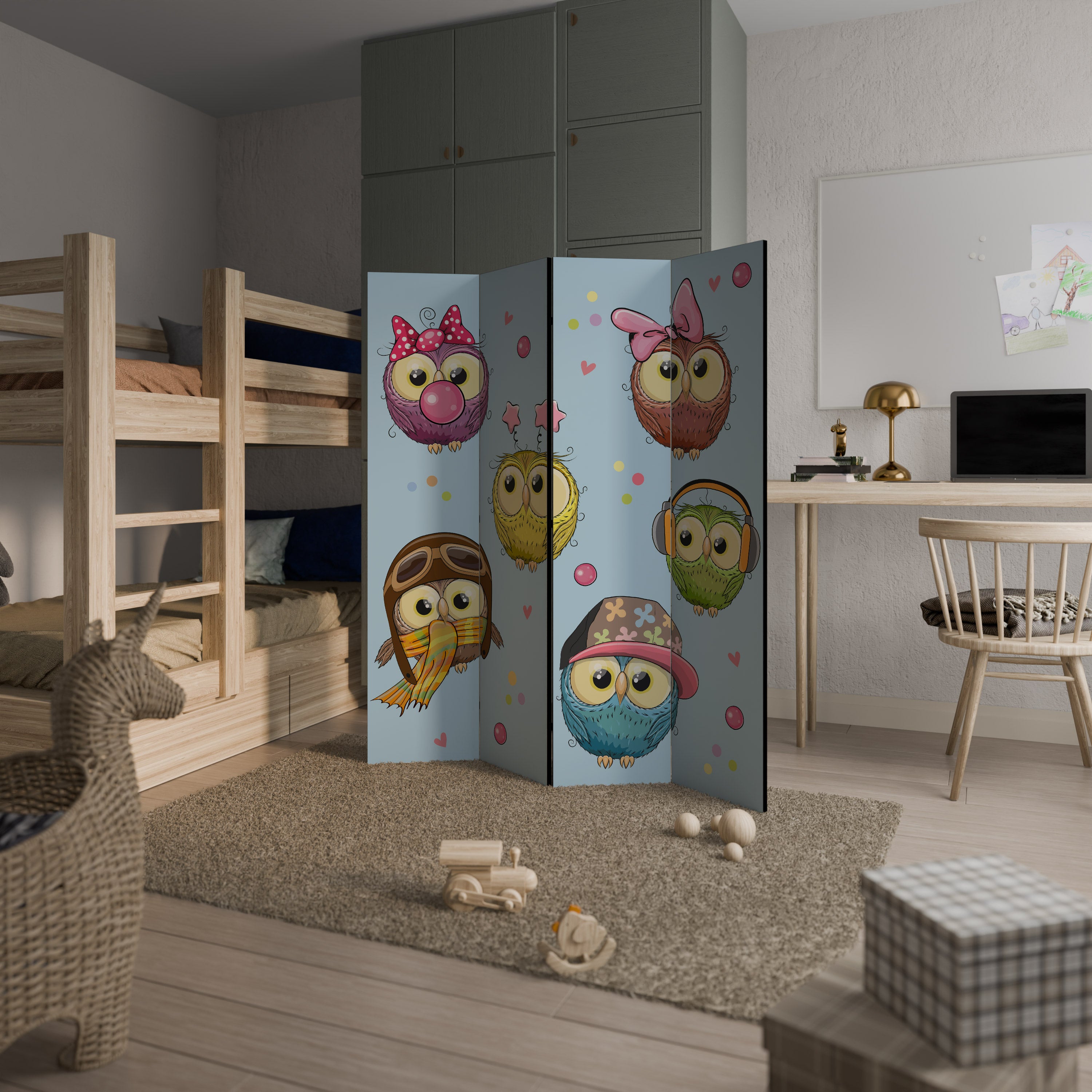 OWLY SQUAD Dekoracyjny parawan 4-skrzydłowy