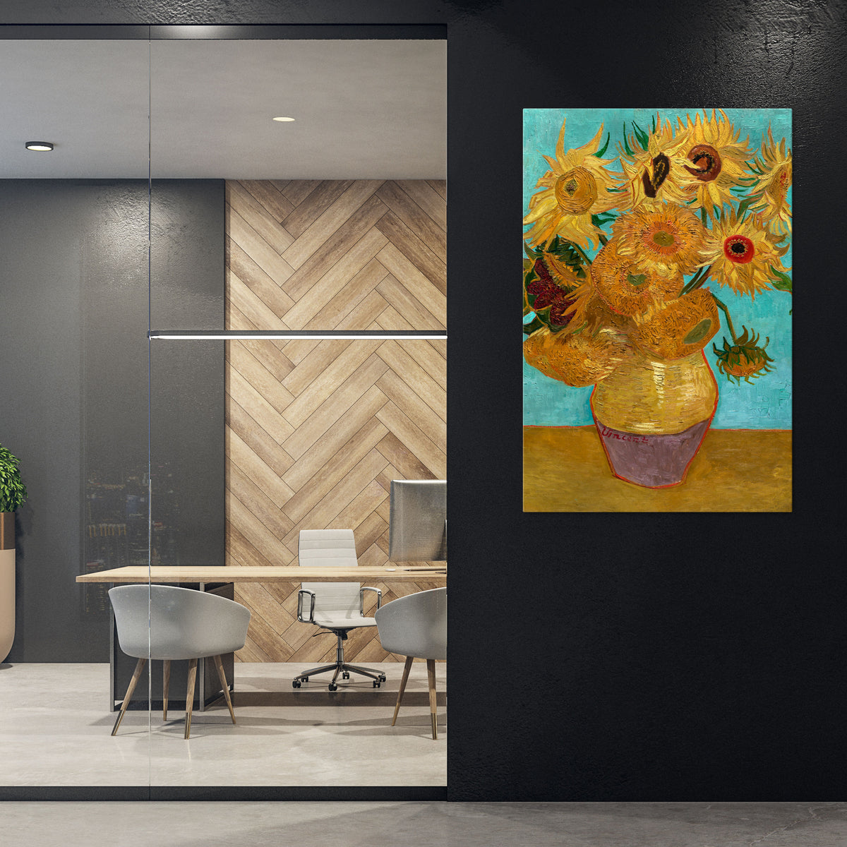 VASE WITH TWELVE SUNFLOWERS Pionowy obraz na płótnie