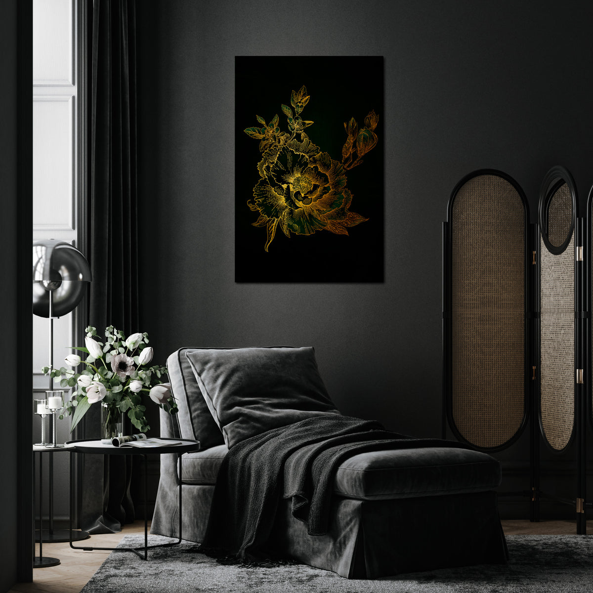 MIDNIGHT FLORAL GLIMMER Pionowy obraz na płótnie